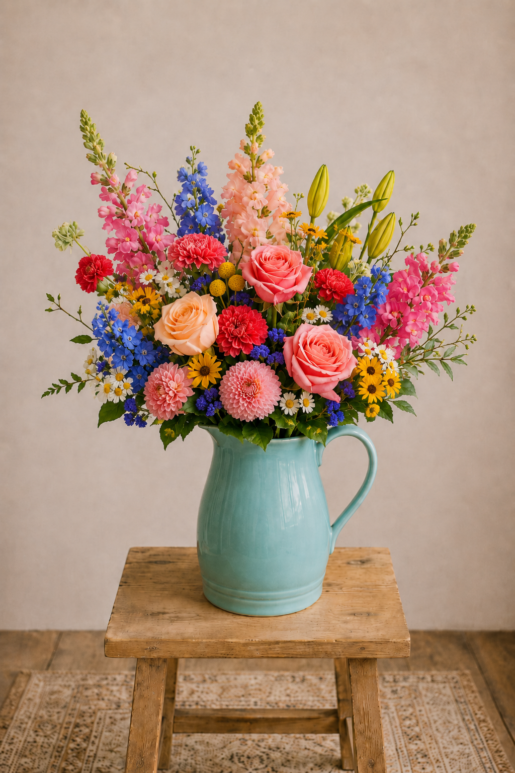 Colorful bouquet of flowers in a teal pitcher on a wooden stool against a beige wall.
