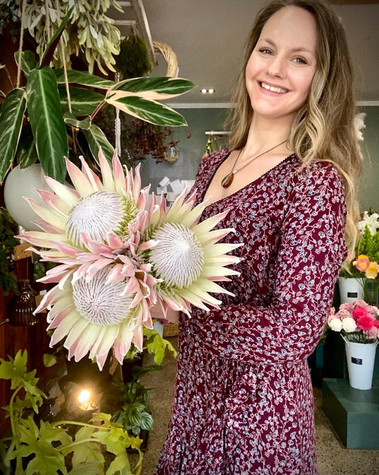 Hannah holding 3 King Protea