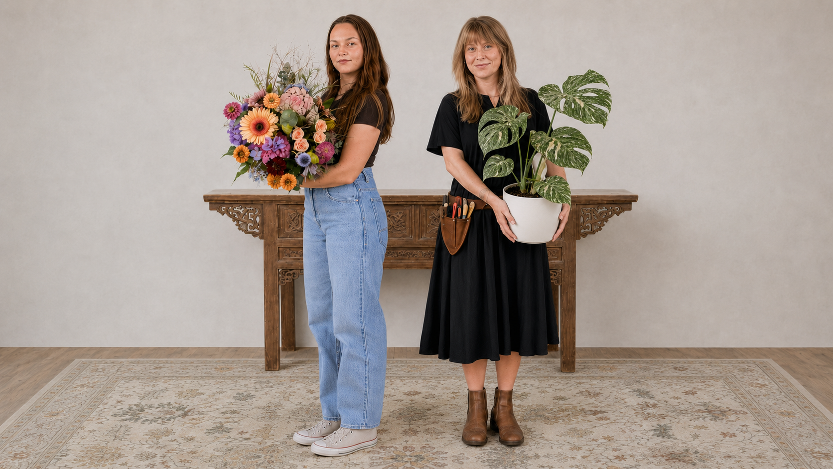 Two women holding flowers and a plant in a room with a wooden table and rug.