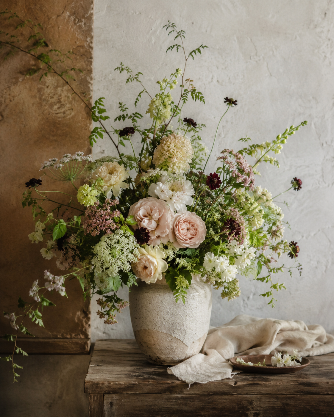 Floral arrangement in a stone vase on a wooden table with a textured wall background